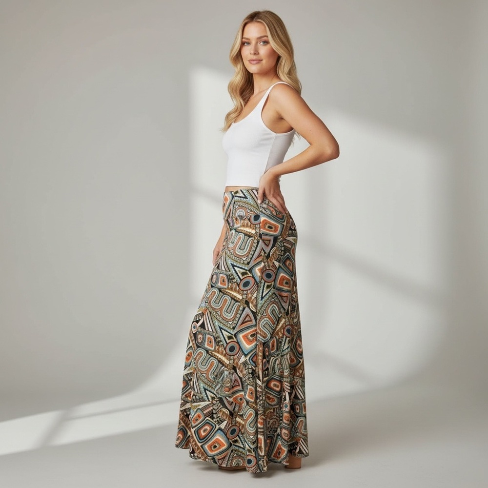 Abstract Patterned Fitted High Waisted Stretch Maxi Skirt
